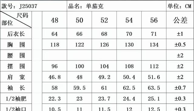 Lv jacket size chart 25037Fjl