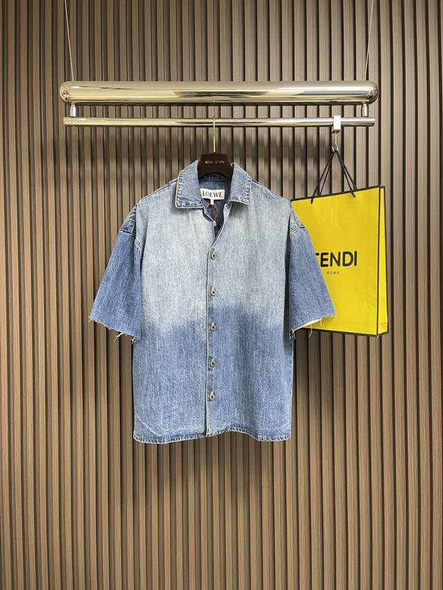 Loewe Anagram Denim Short-Sleeve Shirt. Custom-made, cloud-like washed denim cot