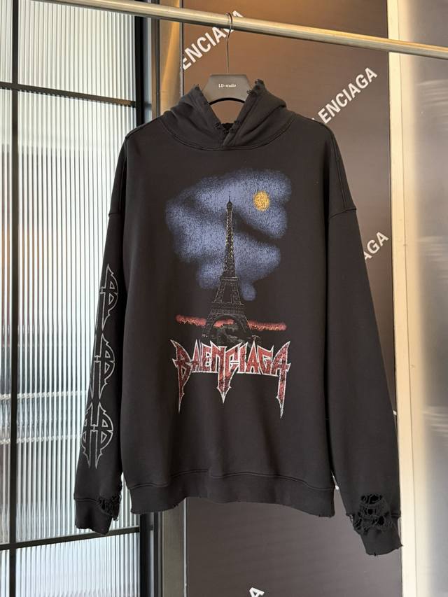Balenciaga Eiffel Tower Hoodie features a 440g weight. The fabric utilizes an i