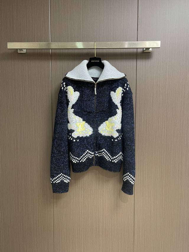 Lv X Nigo zippered knitted belted jacket. This belted jacket captures the creati