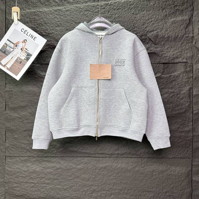 Miu Miu 2025 new patchwork embroidered letter space cotton couple's hooded zippe
