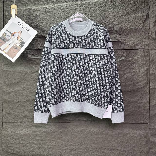 Top version Dior 2025 new double-sided full-print logo couple round neck knitted