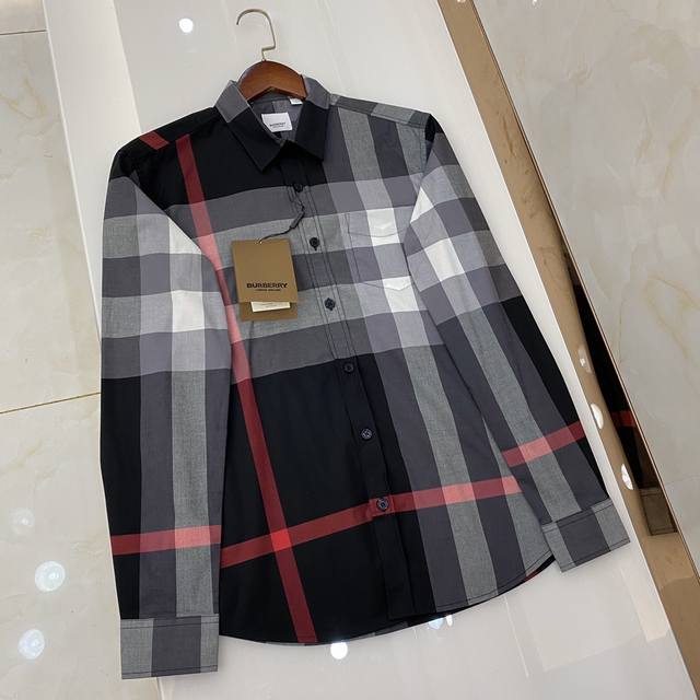 Large plaid long-sleeved shirt, stretch cotton poplin fabric, slim fit, suitabl