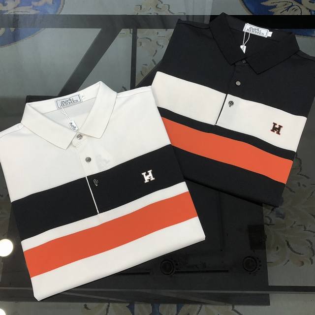 H*Rmes 2025 Spring/Summer new original men's lapel polo shirt, short-sleeved T-s