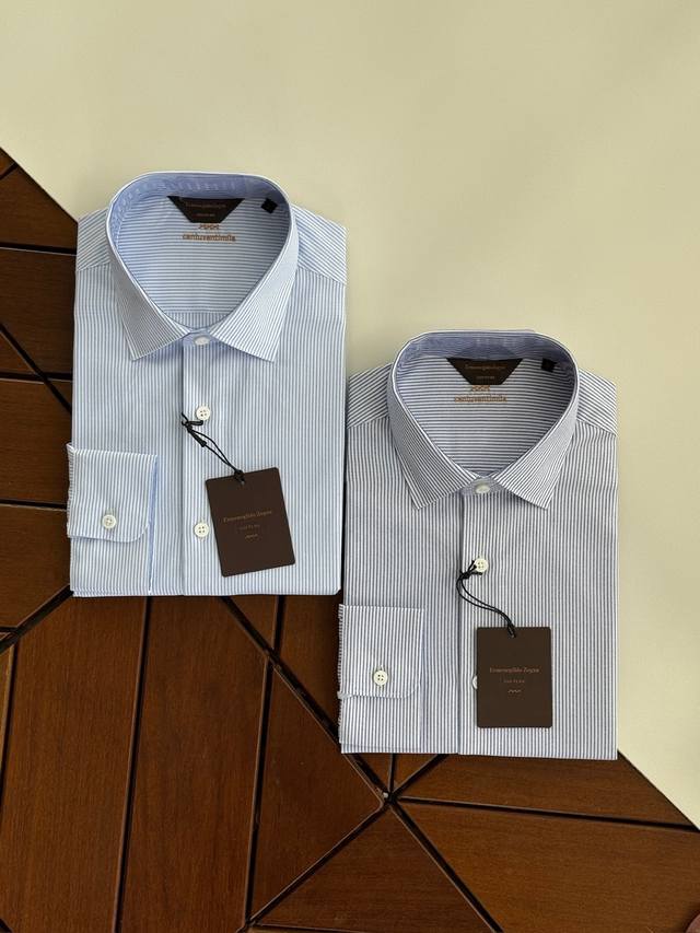 #Zegna Ez coffee-colored main label, men's long-sleeved, finely striped shirt. T