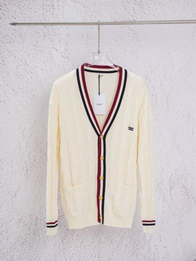 Celine's 2025 Fall/Winter cream-white knitted cardigan features a delicate and t