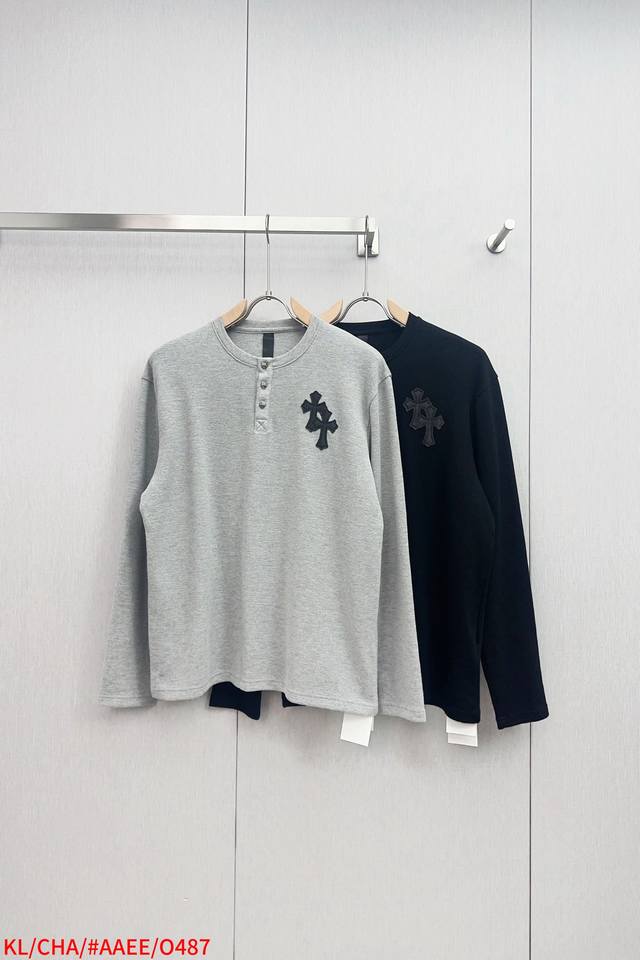 O487 Kl Chrome Heart* Chrome Heart 25 leather Henley collar waffle sweatshirtFab