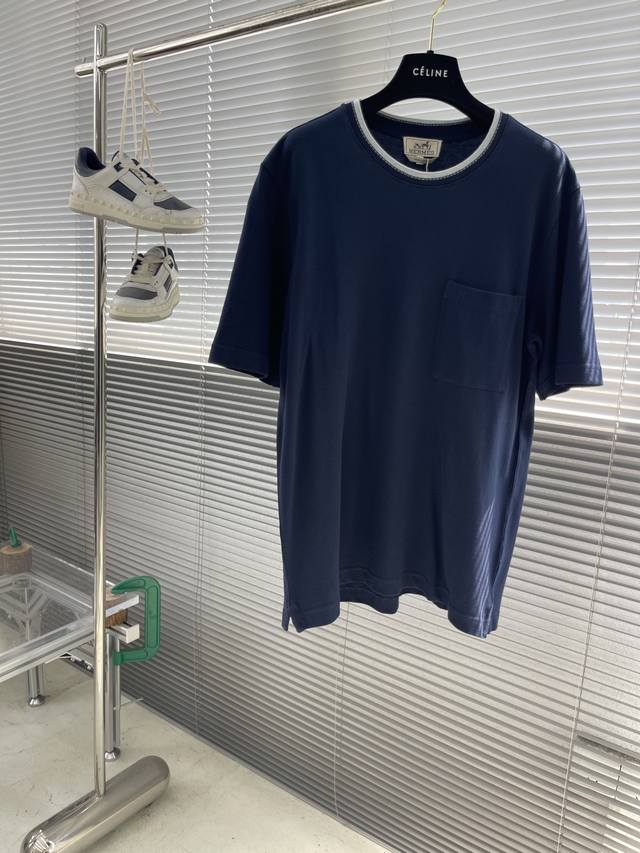 Herme 25Ss new piqures Sellier collar solid color short-sleeved T-shirt navy bl