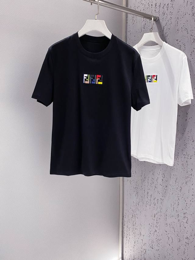fd~ Men's crew-neck short-sleeved T-shirt with colorful double-F embroidery. New