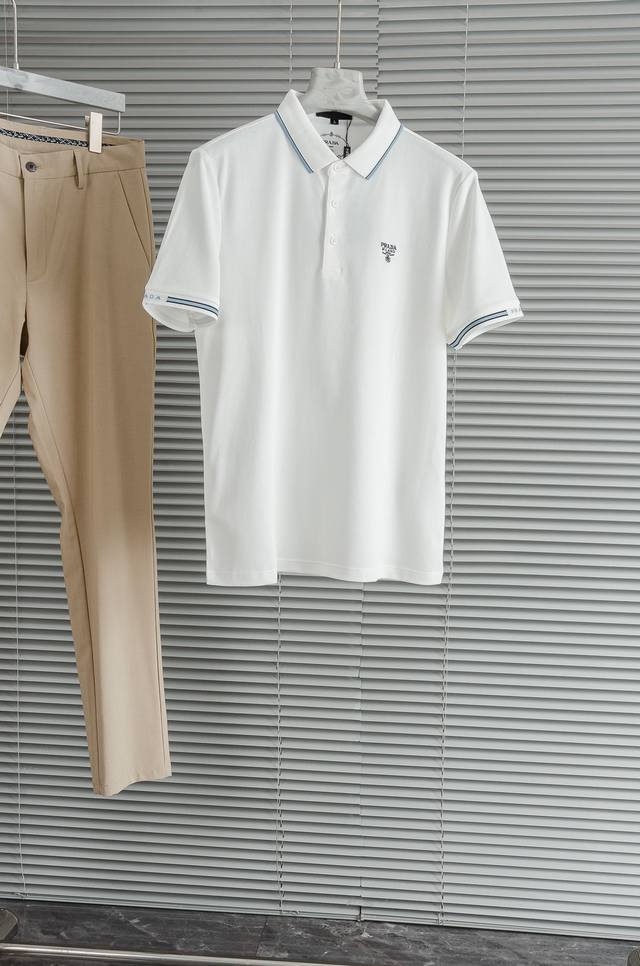 new# prad#A Prada 2025 Men's Business Casual Solid Color Lapel Short-Sleeved Pol