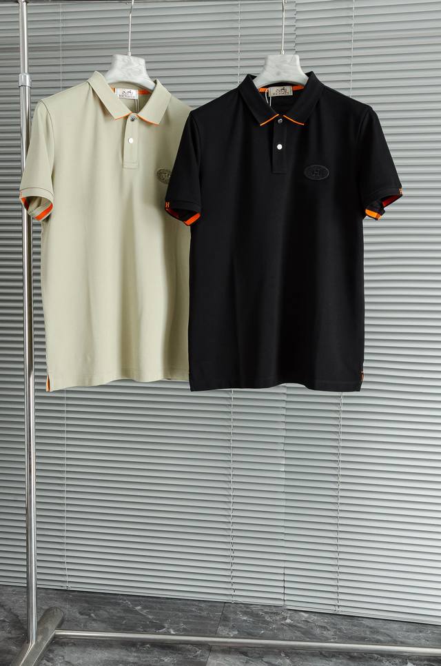 new# Her#Mes2025Ss new spring and summer mesh polo shirt, men's lapel business c