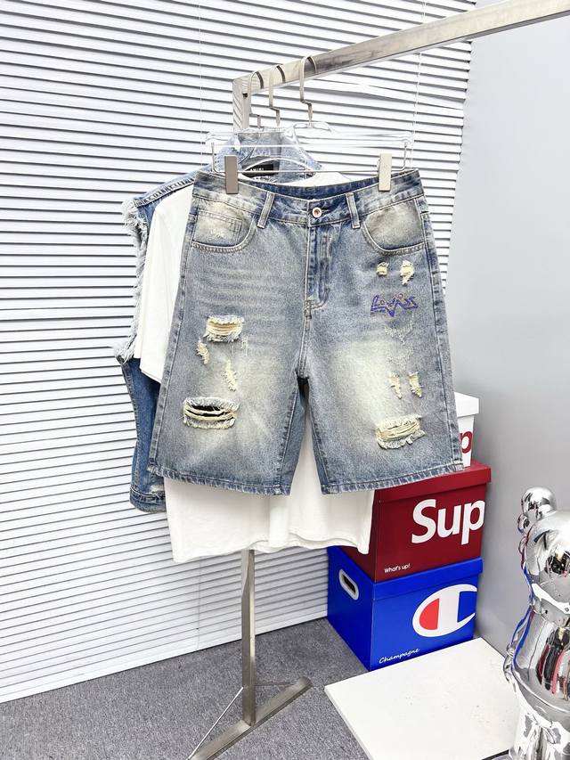 Lv 2025Ss new original hot-selling jeans shorts, super customized original hardw