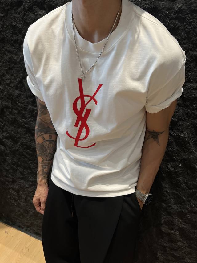 Ysl 2025 early autumn new letter-stamped pure cotton short-sleeved T-shirt is he