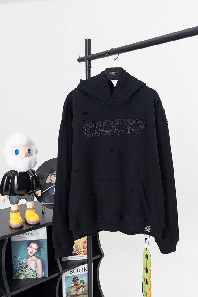 Style No. #Gd01 Goodbrand rhinestone distressed long-sleeved hooded sweatshirt