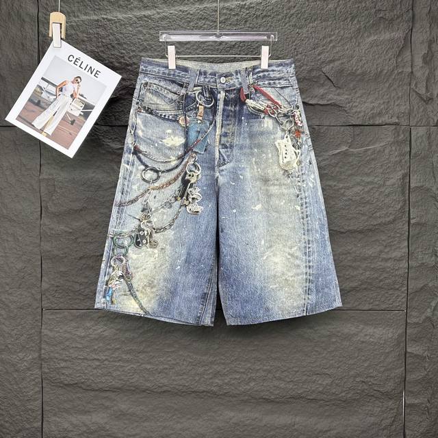 Acne Studios 2025 new 3D digital graffiti chain couple's washed loose denim shor