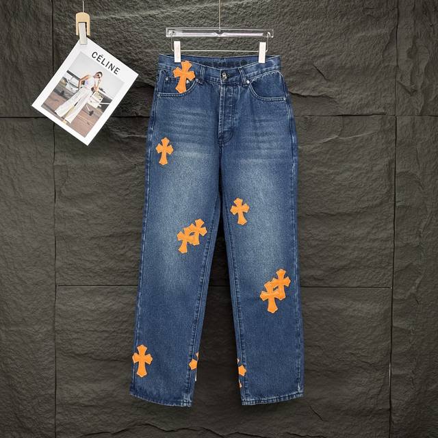 Chrome Hearts 2025 new orange cross-leather washed jeans for couples. High-qual