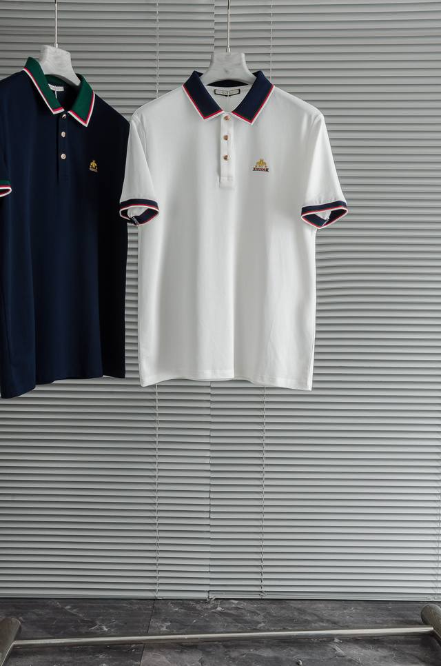 New# Gucc#*I. Gucci 2025 Men's Business Casual Solid Color Lapel Short-Sleeved P