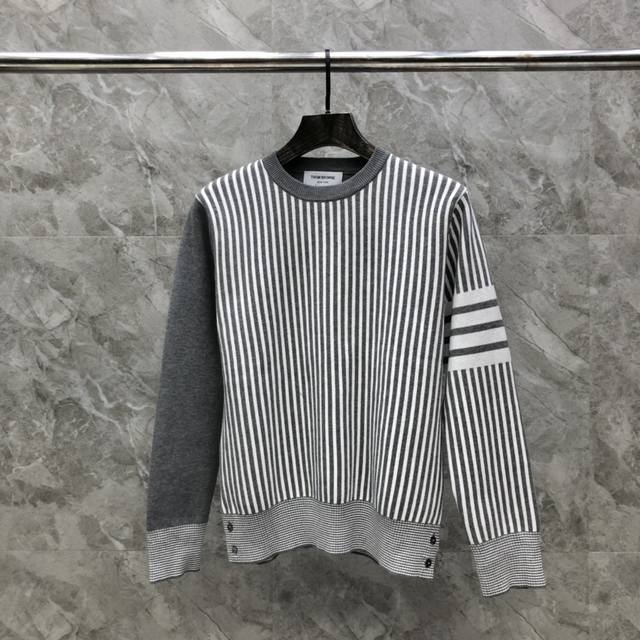 Vertical striped cotton yarn round neck sweater Size: 1-4 Color: Gray, Navy