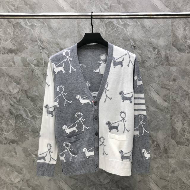 Jacquard dog walking wool cardigan Size: 1-4 Color: Gray, Navy