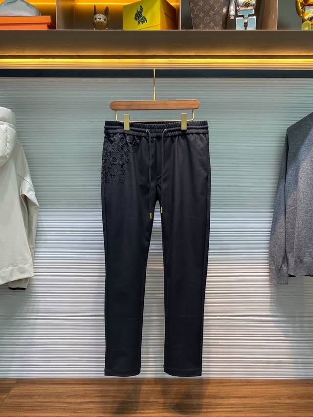 LV25Fw New Fall/Winter Black Tech Cotton Drawstring Casual Pants, Men's Gypsophi