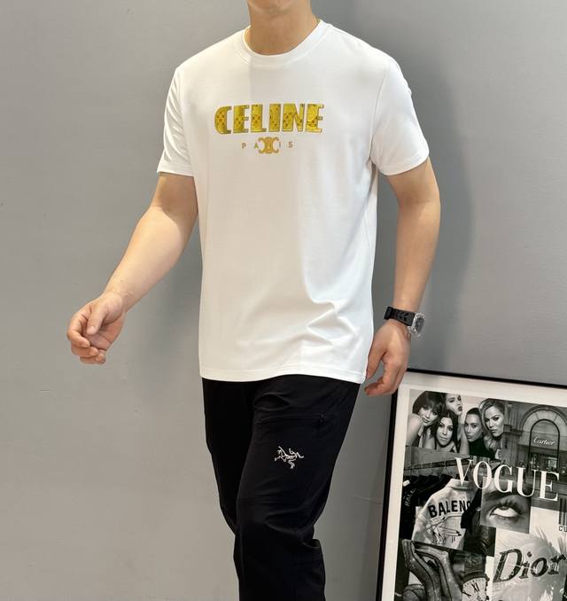 Celine*25S new modal T-shirt. Classic 3D lettering on the chest! Double-layer cr