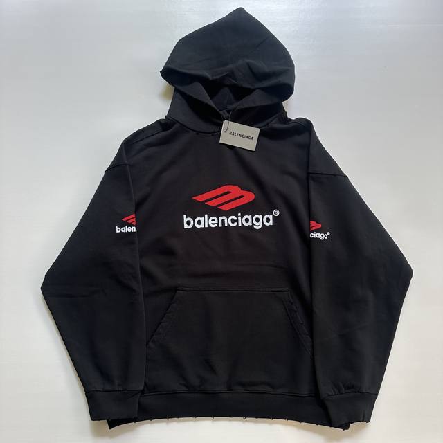 Balenciaga Embroidered Lettering Hoodie, Loose Fit, Unisex, Black. Sizes: XS, S