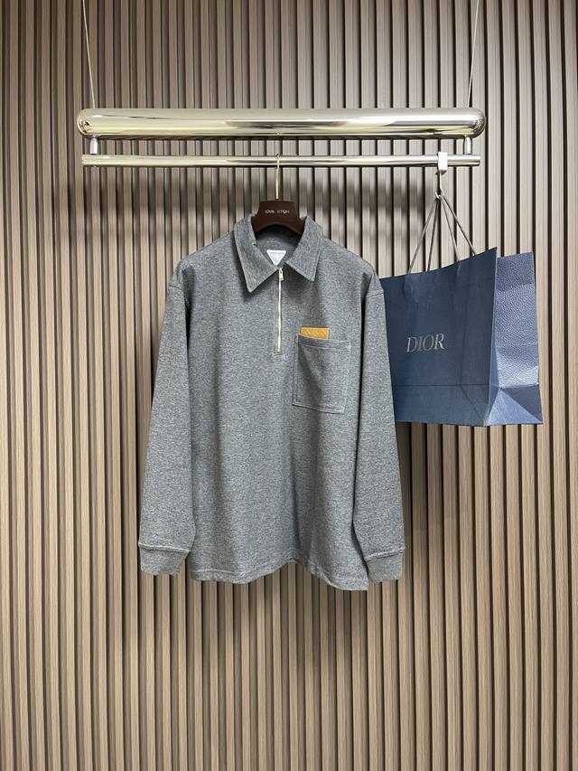 Bv Diamond-shaped leather lapel half-zip polo, cotton double-faced fabric, washa