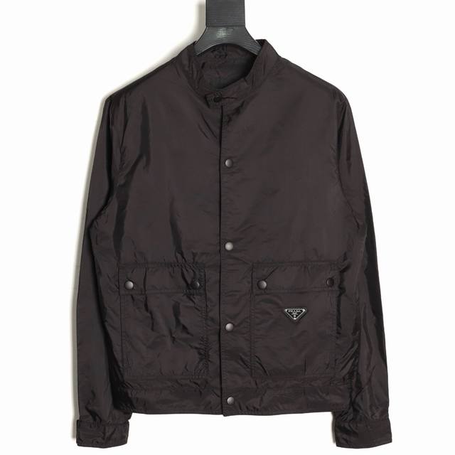 Prada PRD Flap Pocket Concealed Button Recycled Nylon Stand Collar Jacket . Mad