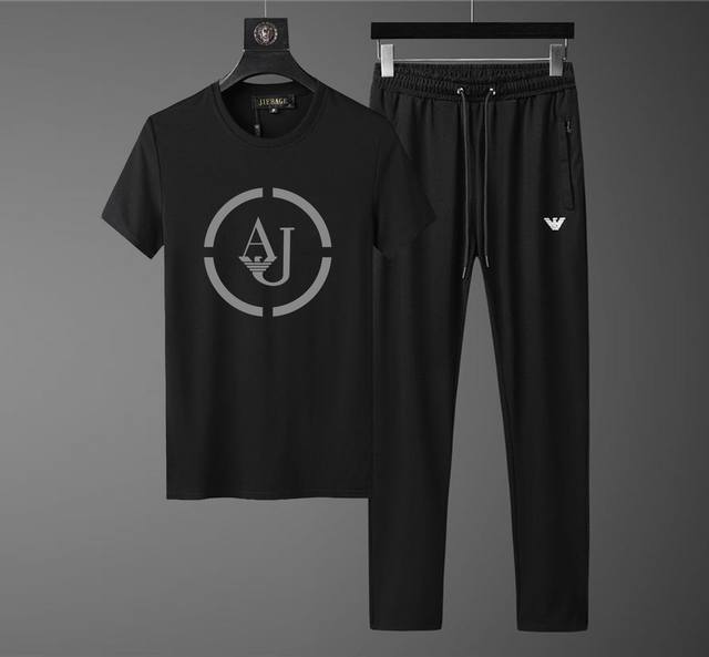 Armani's new spring/summer short-sleeved suit features a classic crew neckline,