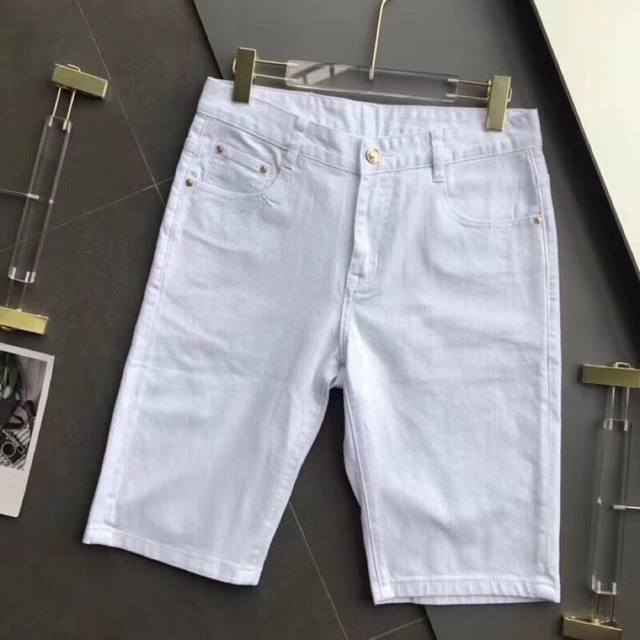 High-end Versace custom-made slim-fit denim shorts, a recent runway model from t