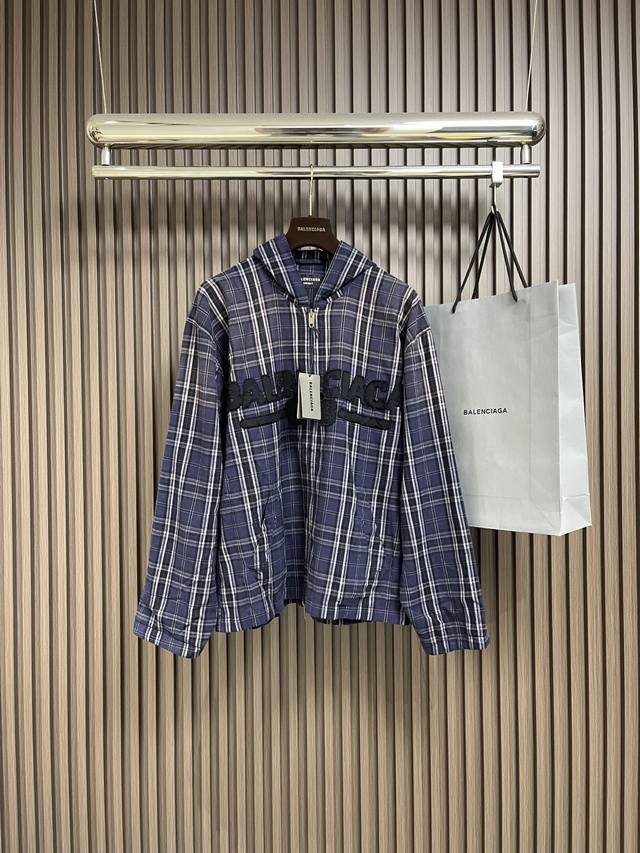 Top and Pants Balenciaga 2025Ss new fall navy blue colorblock plaid hooded zip-