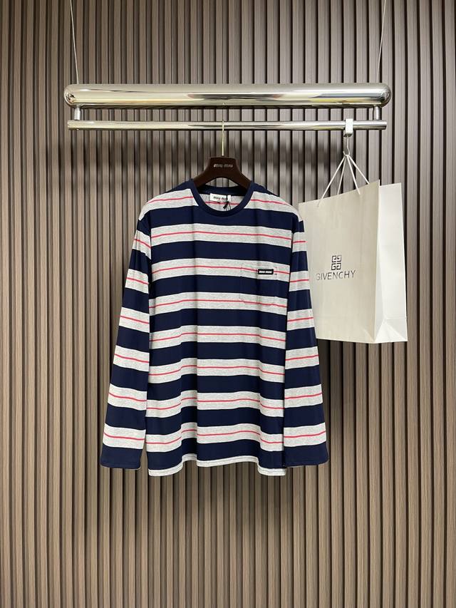 Miumiu 2025Ss poster-style long-sleeved T-shirt with wide gray-blue logo stripes