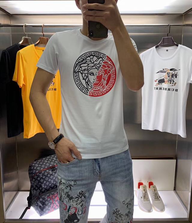 Special offer on the latest Versace Spring/Summer men's crewneck T-shirts, featu