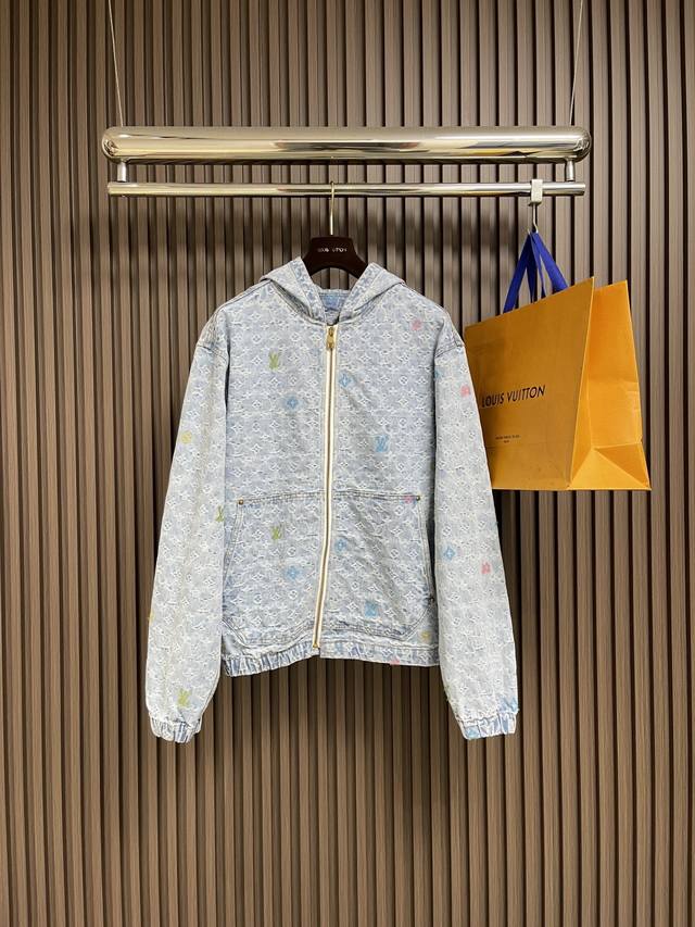Lv 2025Fw autumn and winter new light blue washed hooded denim jacket, all-over