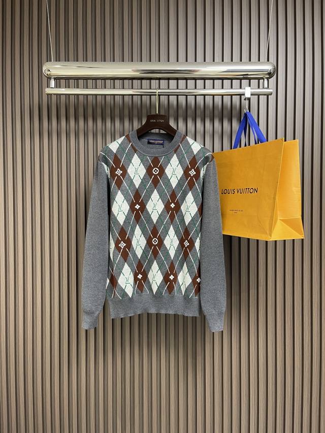 Lv Diamond check round-neck knit sweater, made from 482-count, 50% Baslan worste