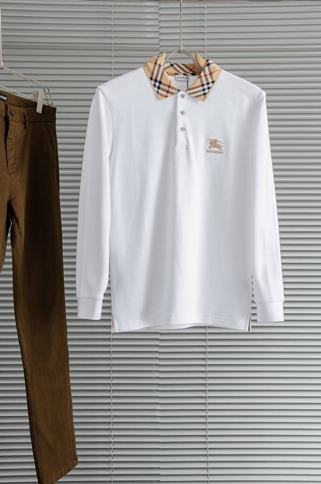 new# Bur#Berry 2025Fw New Light Luxury Men's Lapel Long-Sleeved T-Shirt# Selecte