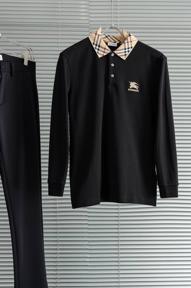 new# Bur#Berry 2025Fw New Light Luxury Men's Lapel Long-Sleeved T-Shirt# Selecte