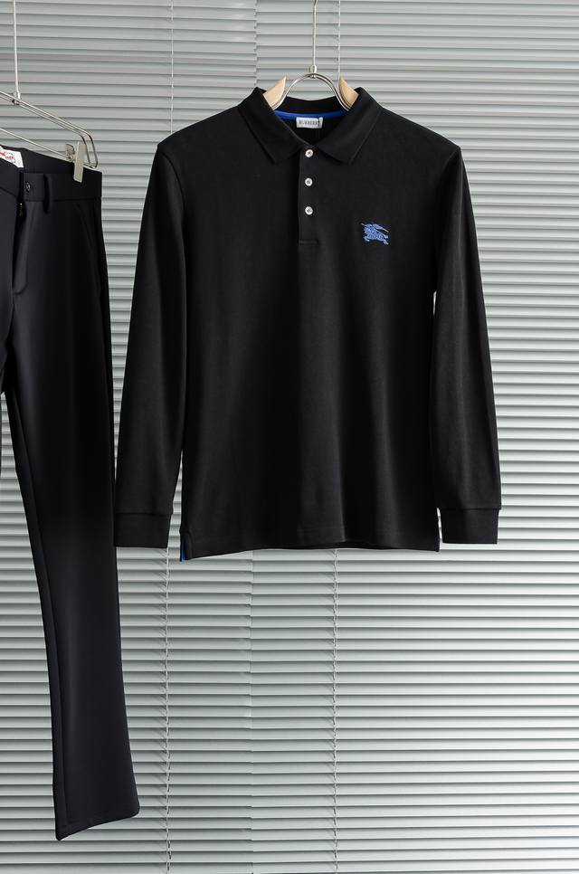 new# Bur#Berry 2025Fw New Light Luxury Men's Lapel Long-Sleeved T-Shirt# Selecte