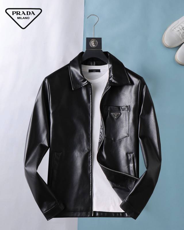 Prada's high-quality, stylish, casual hooded leather jacket for spring 2025. Ma