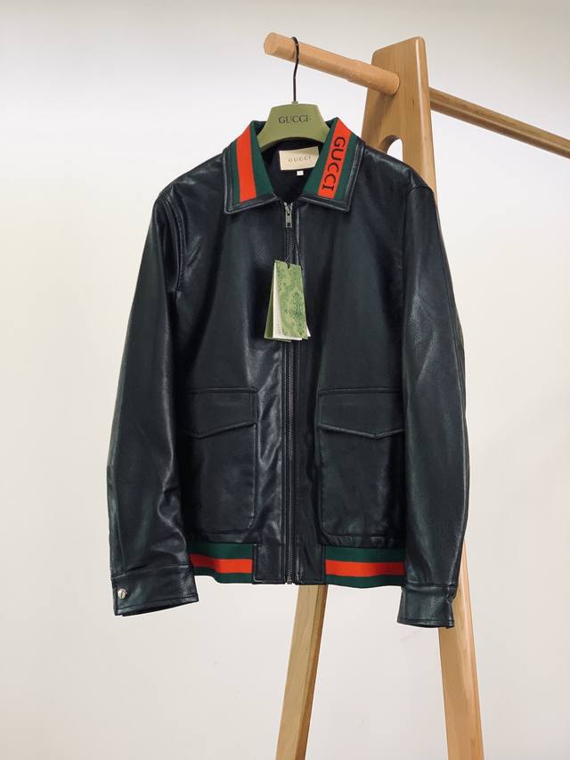 Gucci 2025Fw Autumn and Winter New Product Casual Leather Jacket The collar has