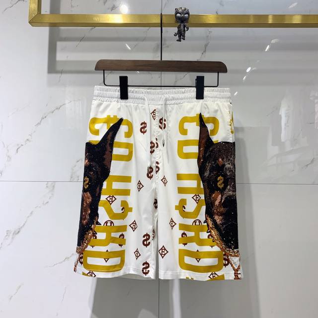 Ed New spring and summer hot-drilled dog head printed beach pants Using high-def