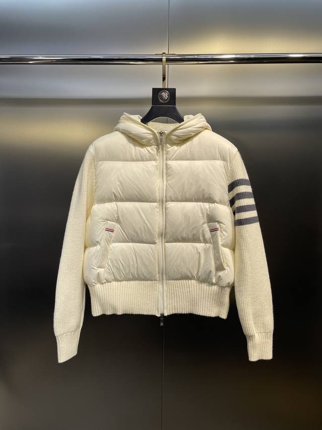 Thombrownet's knitted patchwork four-bar hooded 90% white duck down jacket for w