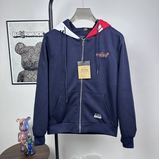 Style number: Z40 2025 new Fushen hooded sweatshirt jacket, navy blue with red