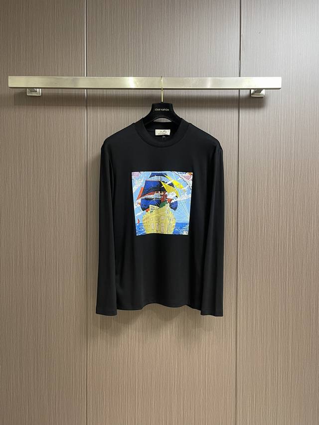 Hermes Ss new autumn and winter brand logo chest graffiti logo round neck long-s