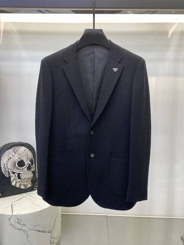 prad 2025Fw Wool Knit Jacquard Men's Business Casual Blazer with Triangle Badge