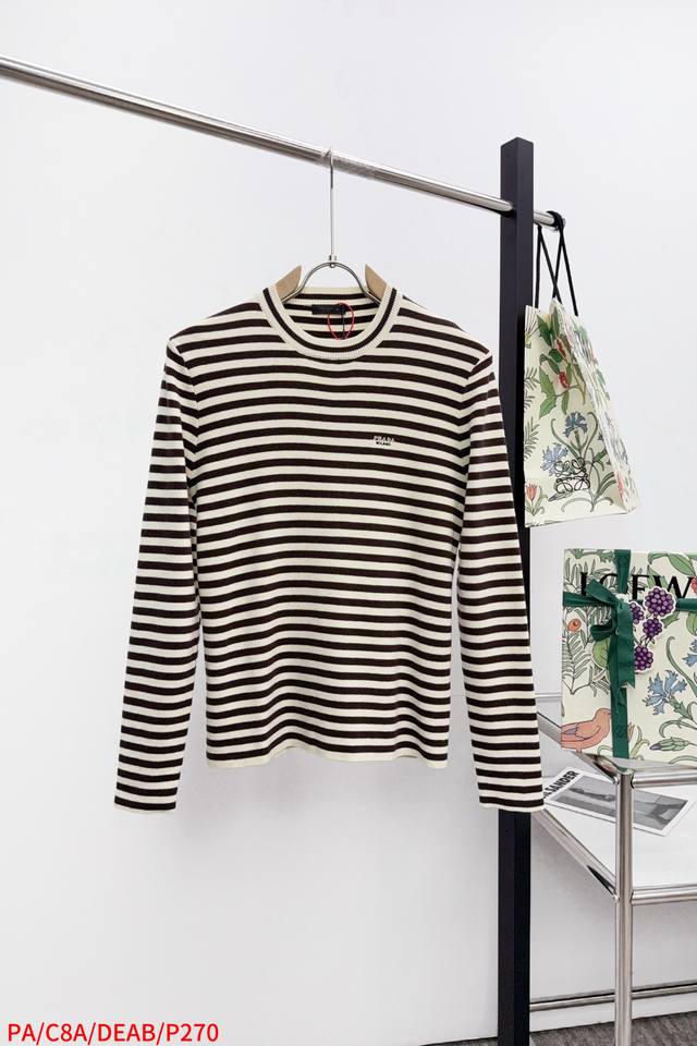 pa Prada striped embroidered crewneck sweaterCustom-woven mercerized wool blend