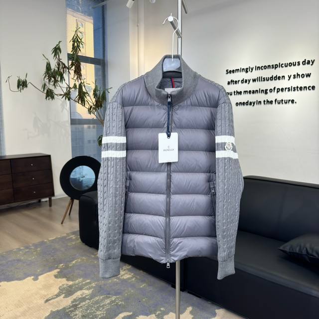 Factory price p Moncler stand collar zipper striped wool patchwork down jacket