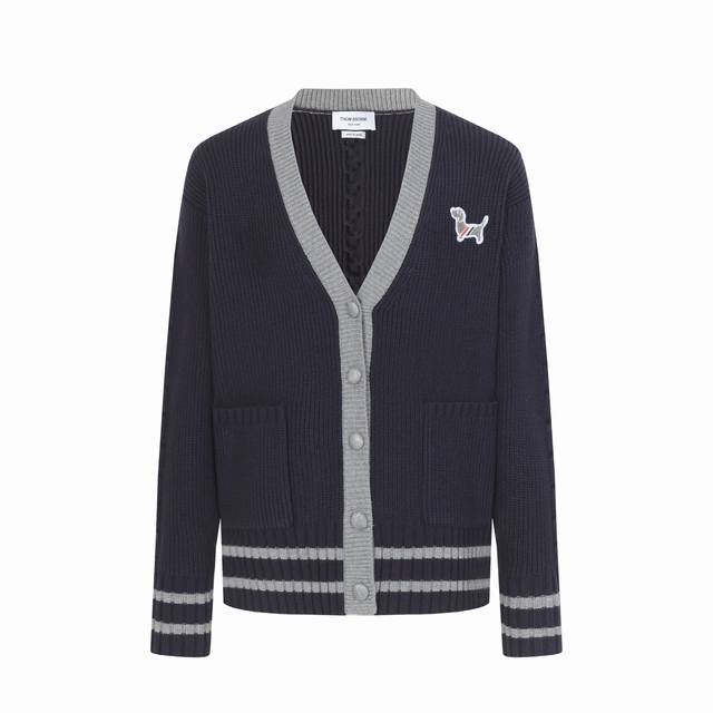 Thom Browne Logo Embroidered V-Neck Button-Down Long-Sleeved Sweater, Loose and