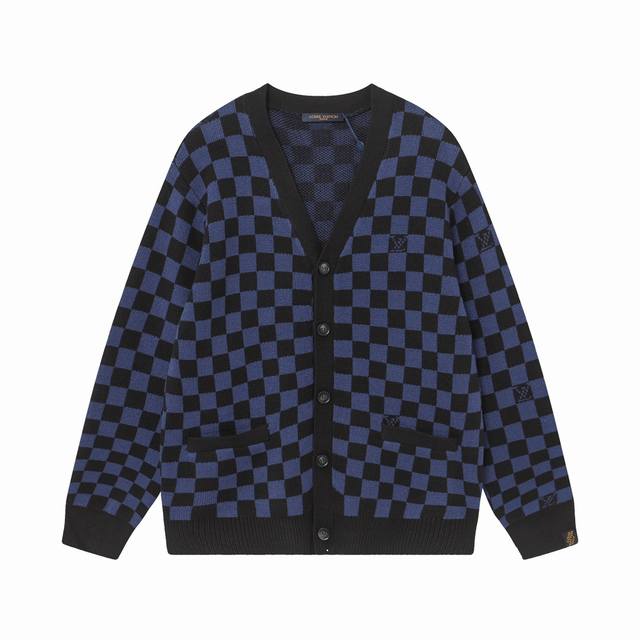 Louis Vuitton V-Neck Plaid Loose-Sleeve Sweater (Unisex Blue) This cardigan is k