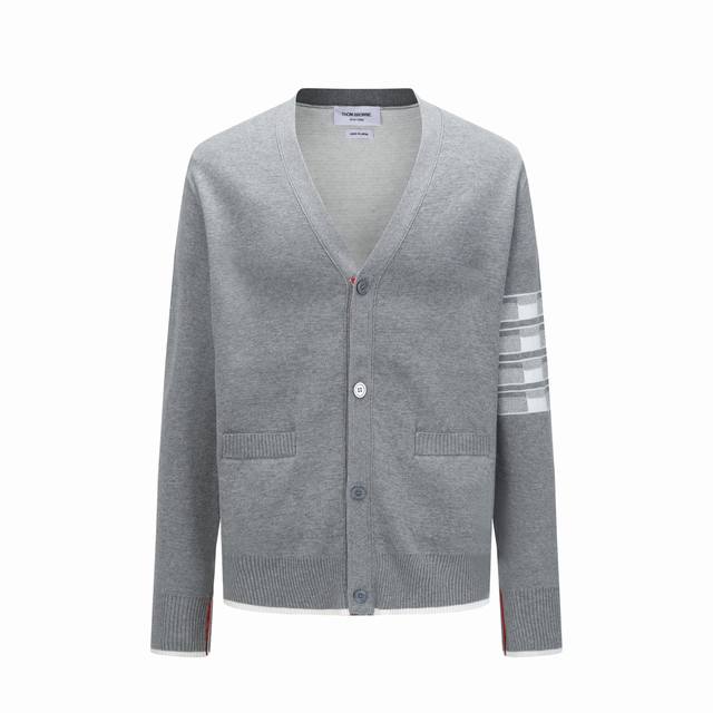 Thom Browne Back Jacquard 4-Stripe V-Neck Knit Cardigan Sweater Unisex Gray Size